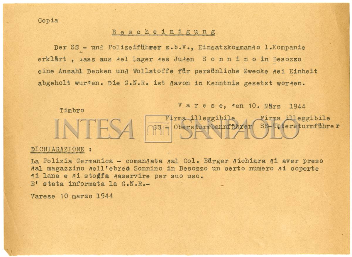 Copia della dichiarazione di requisizione di alcune coperte da parte delle SS, 10 marzo 1944